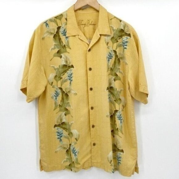 Tommy Bahama Yellow Tropical Silk Short Sleeve Button Down Vacation Large Shirt - Picture 1 of 8